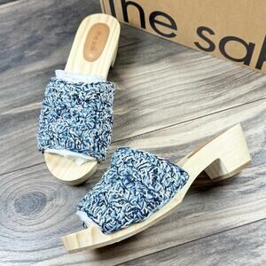 NIB The Sak Ella Hand Crochet Wooden Platform Clog Sandals 8 Blue Static Shell